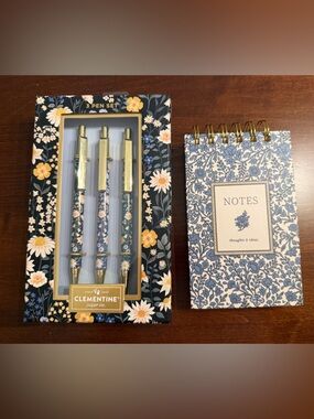 NWT! Set of 3 black ink floral design pens and lined note book with spiral